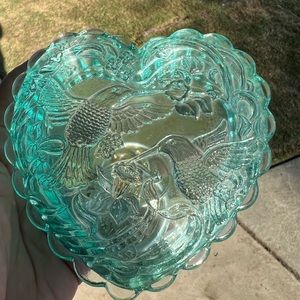 Vintage FENTON Hummingbird Glass Heart Shaped Trinket Box Aqua Blue